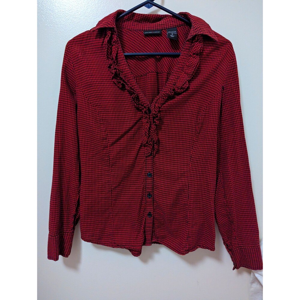 New York & Company Red Black Check Collared Ruffle Button-Front Blouse S